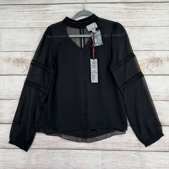 Chloe Oliver Anthropologie Beaded Semi Sheer Blouse Women's Size Small Black NEW - Picture 1 of 14